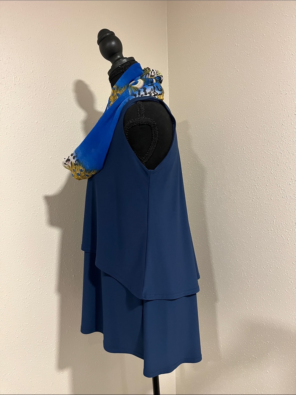 Sympli Royal Blue Layered Swing Top with Multicolor Silk Scarf - Picture 4 of 7